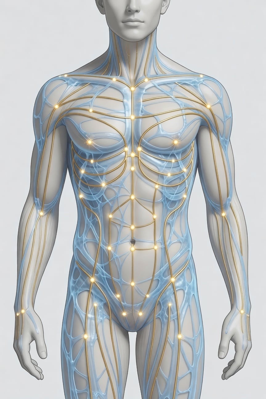 Human nervous system diagram showing acupuncture points and energy pathways